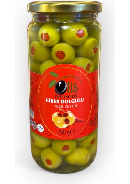 Biber Dolgulu Yeşil Zeytin - Süzme Ağırlık 250 Gr. - Cam Kavanoz