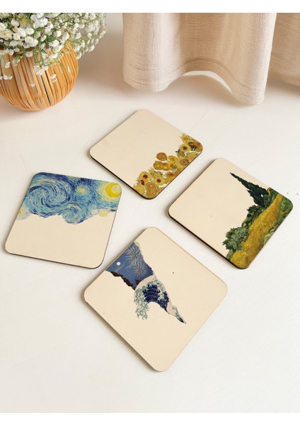 Sanat Temalı Ahşap Bardak Altlıkları 4'lü Set