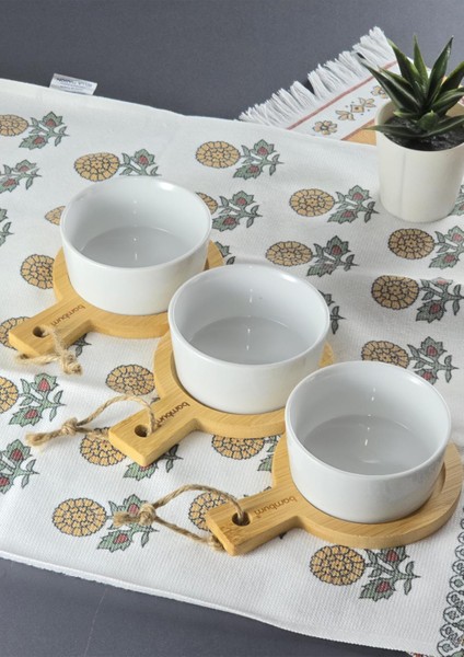 3lü Porselen Kahvaltılık Seti - Bambu Altlıklı Tatlı, Kahvaltılık Takımı - 100 Ml, 6 Parça