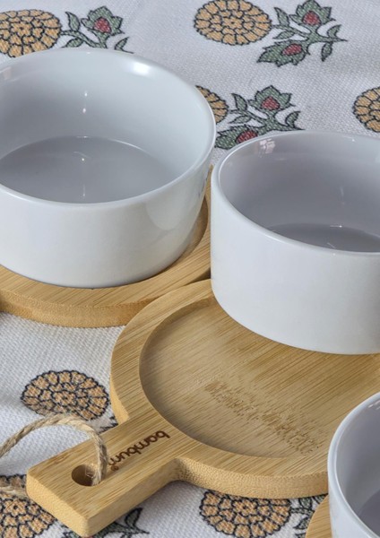 3lü Porselen Kahvaltılık Seti - Bambu Altlıklı Tatlı, Kahvaltılık Takımı - 100 Ml, 6 Parça