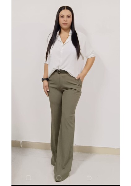 Büyük Beden Yüksek Bel Esnek Likralı Pamuk Kumaş Kemer Hediyeli Ispanyol Paça Pantolon