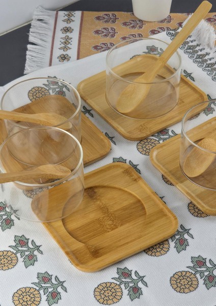 Borosilikat Cam Sufle Seti - Bambu Tabaklı 4lü Kase Takımı - 12 Parça - 250 ml