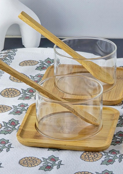 Borosilikat Cam Sufle Seti - Bambu Tabaklı 4lü Kase Takımı - 12 Parça - 250 ml