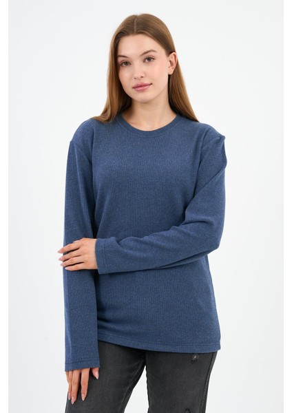 Bisiklet Yaka Likralı Uzun Kollu Kaşkorse Sweatshirt (WK25588)