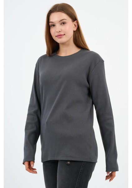 Bisiklet Yaka Likralı Uzun Kollu Kaşkorse Sweatshirt (WK25588)