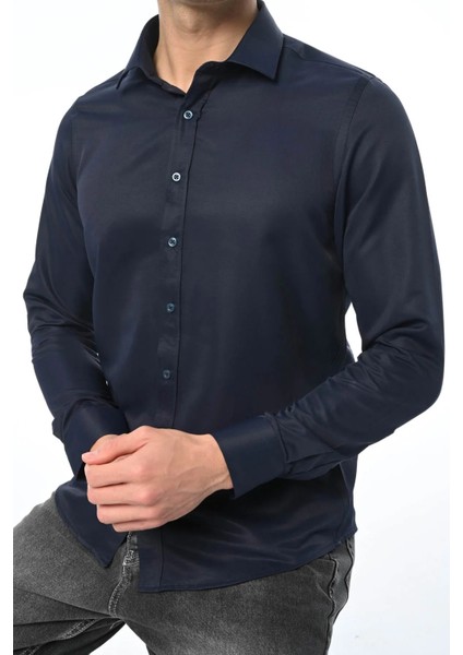 Slim Fit Uzun Kollu Kolay Ütü Teri Emen Nefes Alan Doku Kravatlık Dört Mevsim Erkek Gömlek
