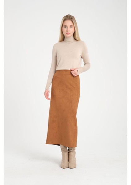 Scuba Süet Uzun Arka Yırtmaçli Taba Kalem Etek