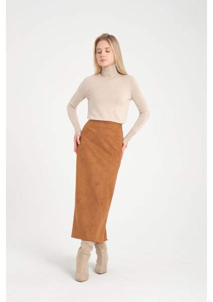 Scuba Süet Uzun Arka Yırtmaçli Taba Kalem Etek fiyatları