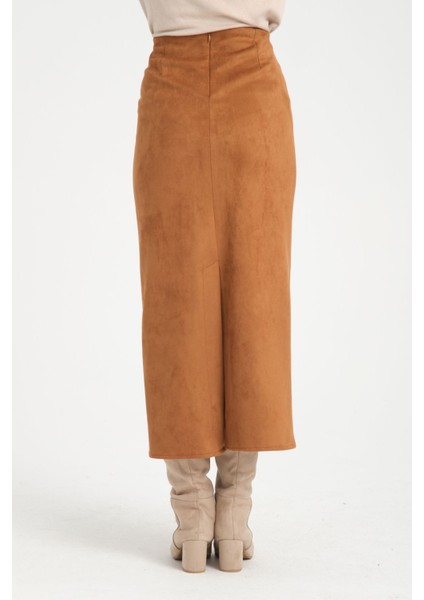 Scuba Süet Uzun Arka Yırtmaçli Taba Kalem Etek modelleri