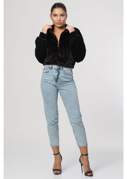 Önü Fermuar Detaylı Kürklü Kadın Sweatshirt - Siyah Siyah - S modelleri