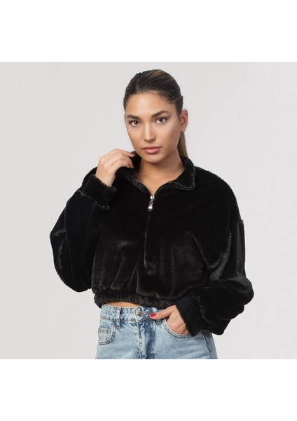 Önü Fermuar Detaylı Kürklü Kadın Sweatshirt - Siyah Siyah - S indirimleri