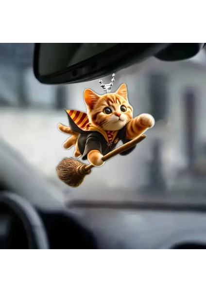 2d Akrilik Sihirli Süpürgesiyle Uçan Kedi Anahtarlık