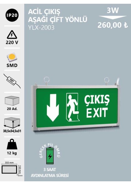 Acil Çıkış 3W Aşağı Çift Yönlü