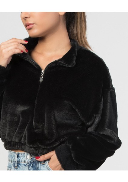 Önü Fermuar Detaylı Kürklü Kadın Sweatshirt - Siyah Siyah - M fiyatları
