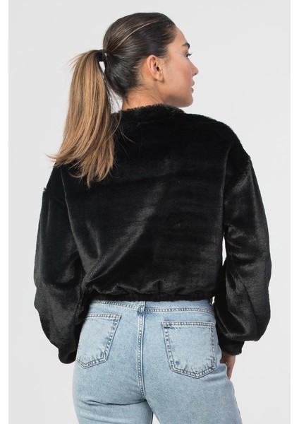 Önü Fermuar Detaylı Kürklü Kadın Sweatshirt - Siyah Siyah - M fırsatları