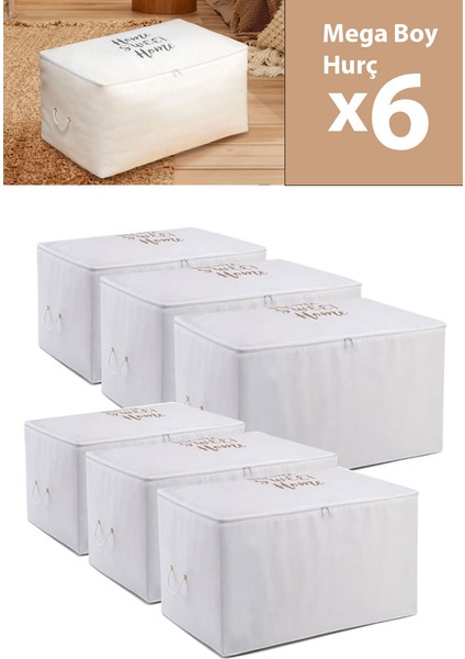 6 Lı Home Sweet Home Baskılı Beyaz Mega Boy Baza Altı Kazak Pike Battaniye Hurcu 74 x 46 x 46 cm