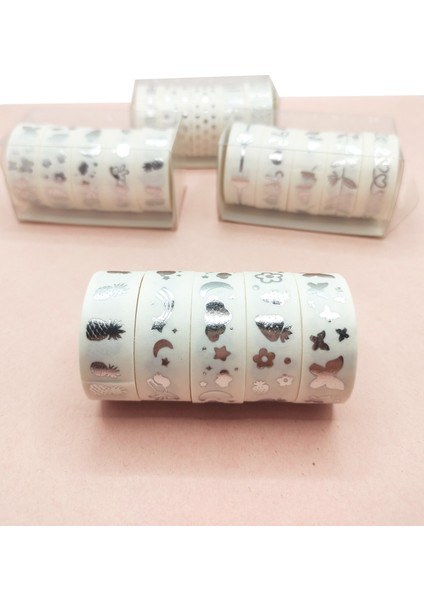 Gümüş Yaldızlı Vintage Washi Tape Bant Yapışkanlı Maskeleme Kağıdı 6 Lı - Kelebek Ananas