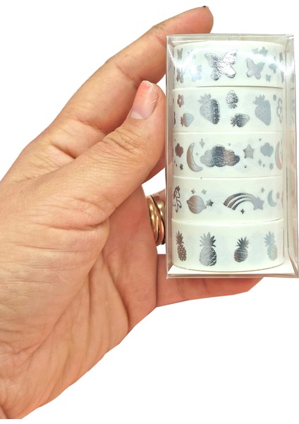 Gümüş Yaldızlı Vintage Washi Tape Bant Yapışkanlı Maskeleme Kağıdı 6 Lı - Kelebek Ananas