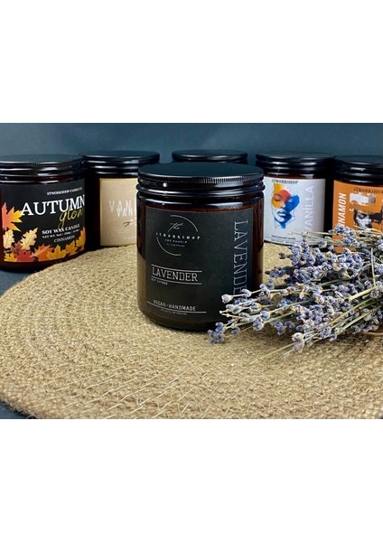 Stworkshop Lavender: Hediyelik Özel Tasarım Lavanta Kokulu Mum, Amber Renk Kavanoz Büyük Kokulu Mum 100% Vegan Soya Wax Mumu Naturel El Yapımı