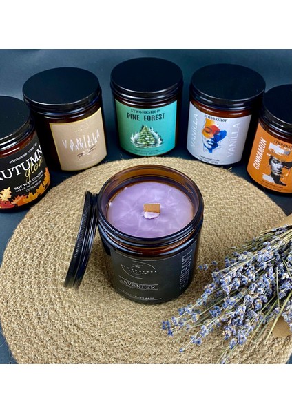 Stworkshop Lavender: Hediyelik Özel Tasarım Lavanta Kokulu Mum, Amber Renk Kavanoz Büyük Kokulu Mum 100% Vegan Soya Wax Mumu Naturel El Yapımı modelleri