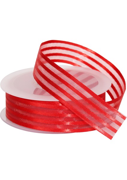 Saten Çizgili Şifon Kırmızı Kurdele 25 mm - 20 mt