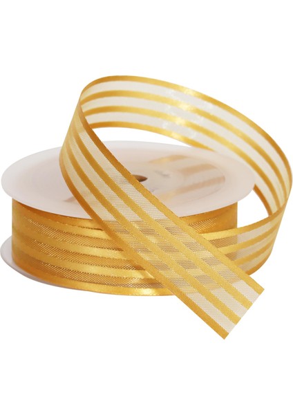 Saten Çizgili Şifon Gold Kurdele 25 mm - 20 mt