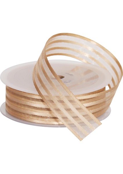 Saten Çizgili Şifon Krem Kurdele 25 mm - 20 mt
