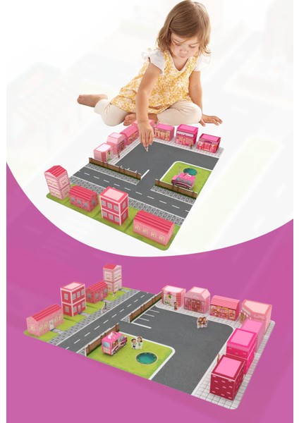 Çocuklar Için Maket Şehir Aktivite Oyun Alanı - Aile Çocuk Etkinliği Oyuncağı - Pembe Maket Şehir