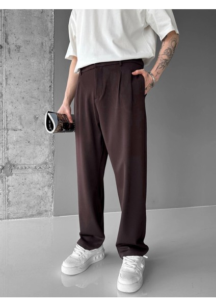 Oversize Bol Paça Kumaş Pantolon Kahve