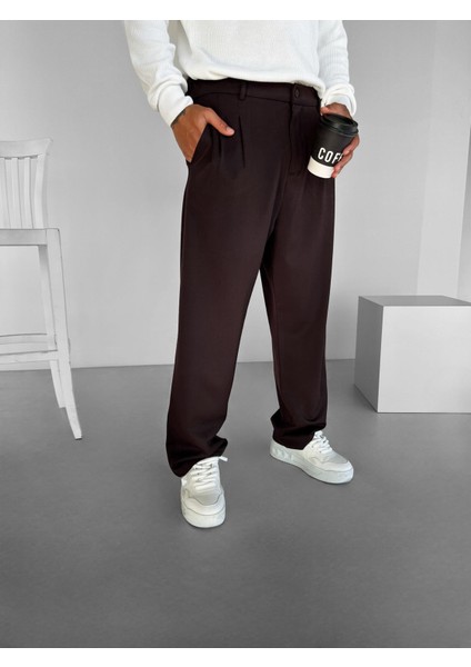 Oversize Bol Paça Kumaş Pantolon Kahve