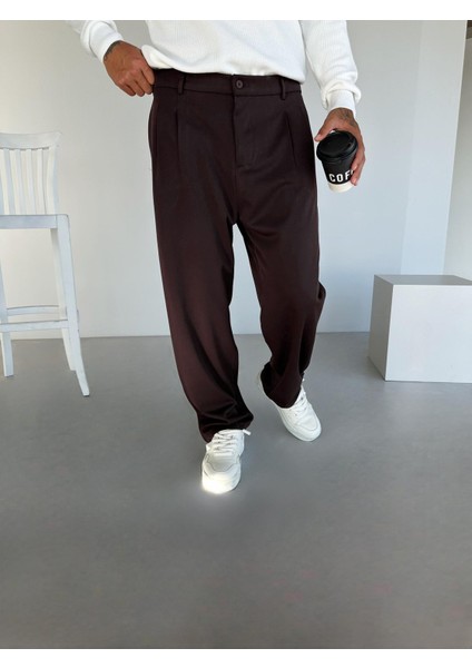 Oversize Bol Paça Kumaş Pantolon Kahve