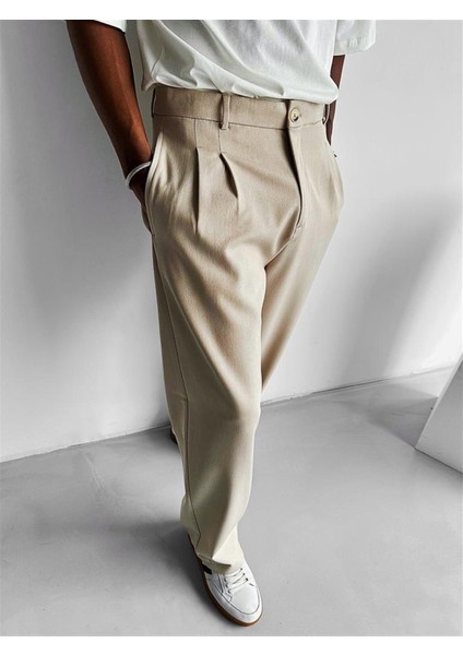 Oversize Bol Paça Kumaş Pantolon Bej