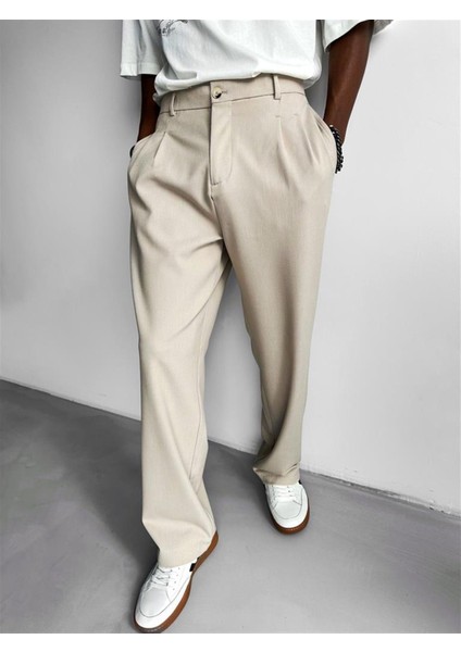 Oversize Bol Paça Kumaş Pantolon Bej