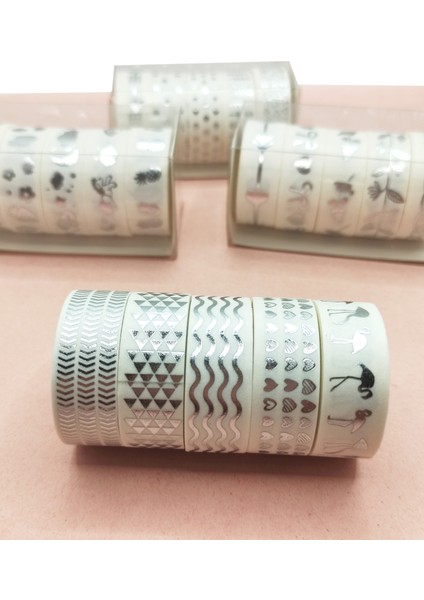 Gümüş Yaldızlı Vintage Washi Tape Bant Yapışkanlı Maskeleme Kağıdı 6 Lı - Flamingo