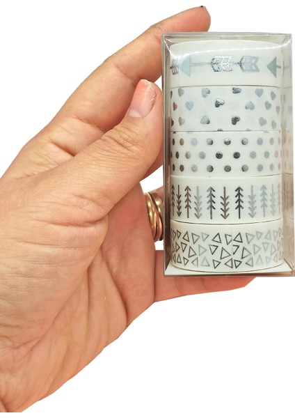 Gümüş Yaldızlı Vintage Washi Tape Bant Yapışkanlı Maskeleme Kağıdı 6 Lı - Üçgen Kalp Ok
