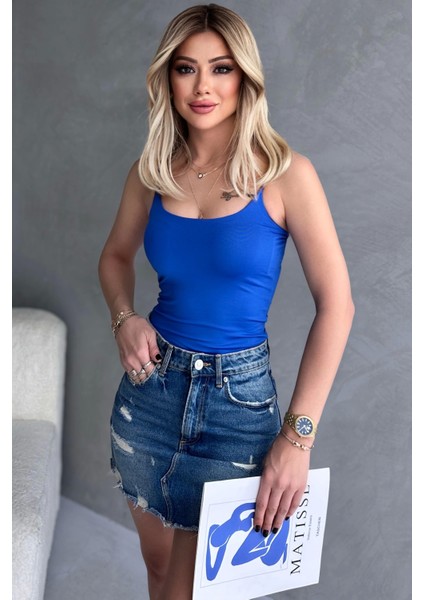 Kadın Mavi Ip Askılı Büstiyer Crop