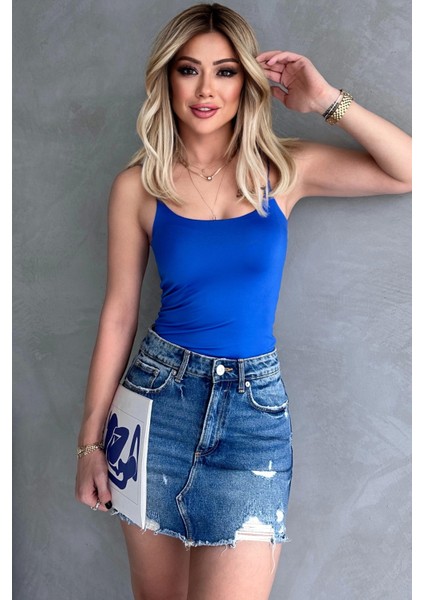 Kadın Mavi Ip Askılı Büstiyer Crop