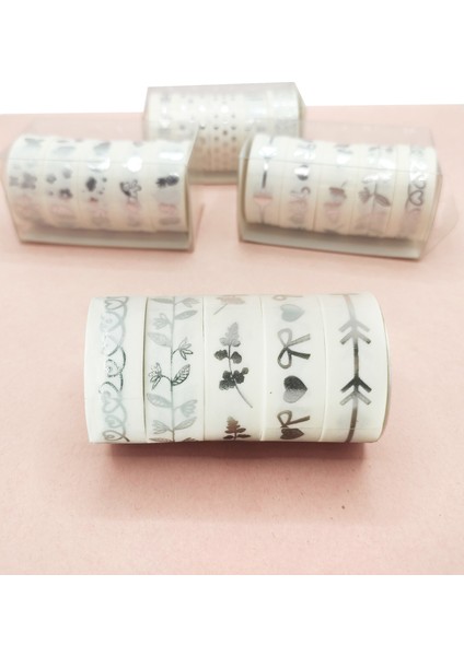 Gümüş Yaldızlı Vintage Washi Tape Bant Yapışkanlı Maskeleme Kağıdı 6 Lı - Kalp Çiçek