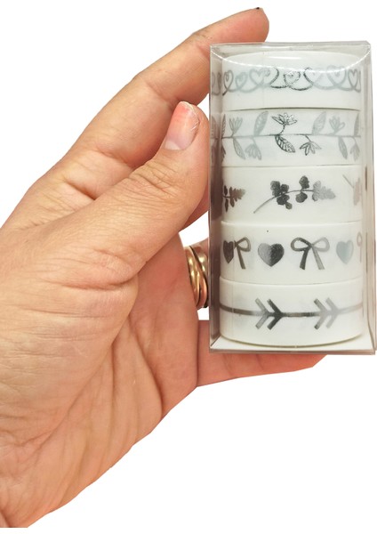 Gümüş Yaldızlı Vintage Washi Tape Bant Yapışkanlı Maskeleme Kağıdı 6 Lı - Kalp Çiçek