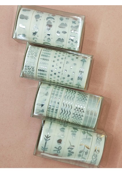 Gümüş Yaldızlı Vintage Washi Tape Bant Yapışkanlı Maskeleme Kağıdı 6 Lı - Kalp Çiçek