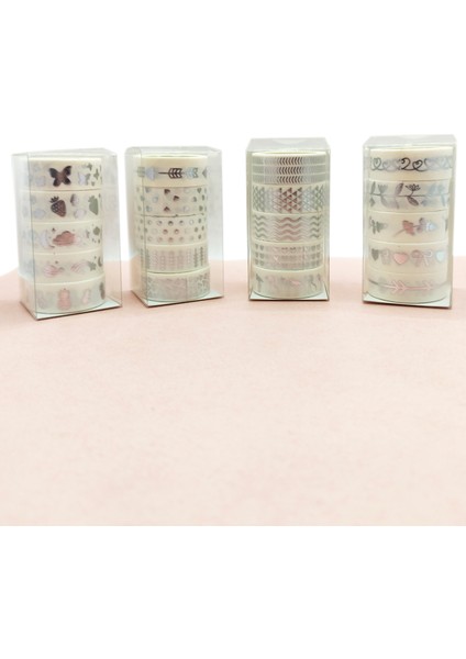 Gümüş Yaldızlı Vintage Washi Tape Bant Yapışkanlı Maskeleme Kağıdı 6 Lı - Kalp Çiçek