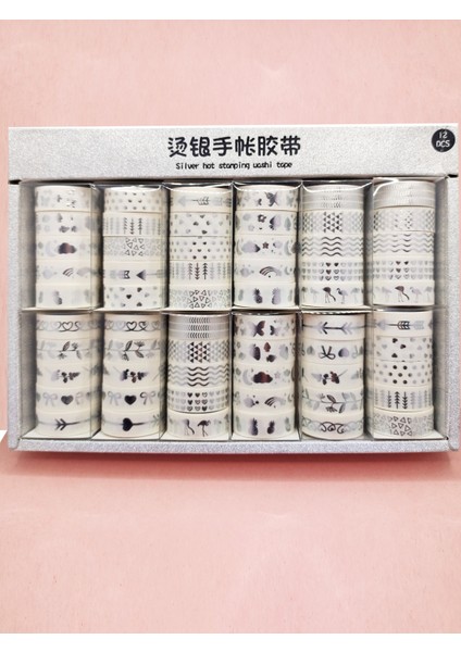Gümüş Yaldızlı Vintage Washi Tape Bant Yapışkanlı Maskeleme Kağıdı 6 Lı - Kalp Çiçek