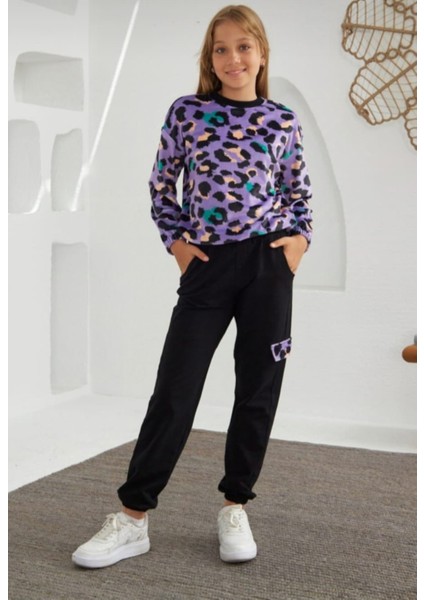Mor Leopar Desenli Üst & Siyah Alt Kombinli Kız Çocuk Eşofman Takımı - Pamuklu Kumaş