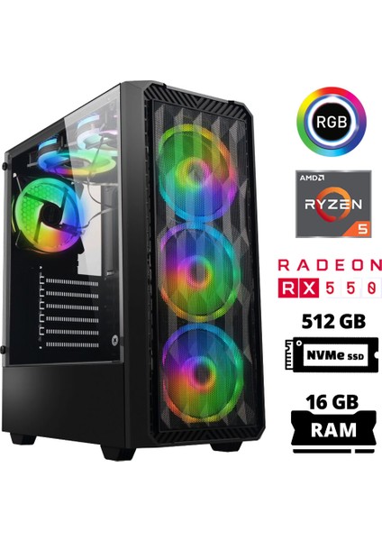 XSR1025 Ryzen 5 3600 16GB Ram 512GB M.2 Nvme SSD 4gb RX550 Oyuncu Masaüstü Bilgisayarı
