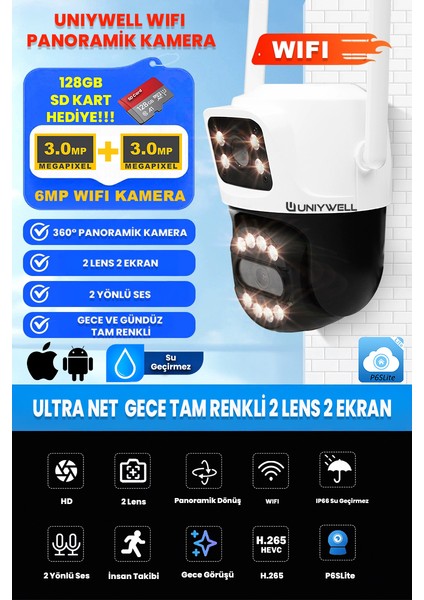 Unıywell 6 Mp Wıfı Kamera 2 Lens - Tam Renkli Gece Görüş - Su Geçirmez - 2 Yönlü Ses