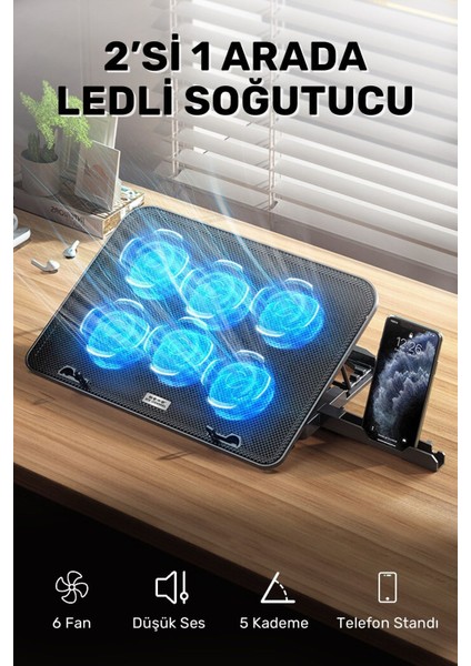 Oyun Gaming Için 6 Fanlı LED Işıklı 5 Kademeli Telefon Tutuculu Laptop Notebook Soğutucu Stand