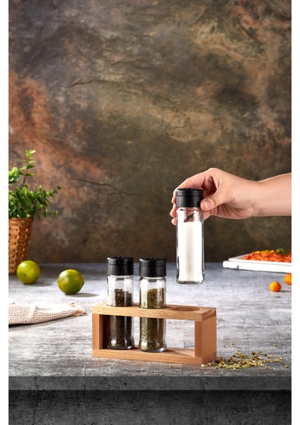 3 Lü Tuzluk Biberlik Seti Baharatlık, Ahşap Stantlı Baharatlık