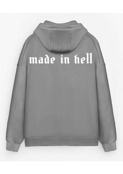 Erkek Oversize Made In Hell Baskılı Premium Kapüşonlu Sweatshirt Gri