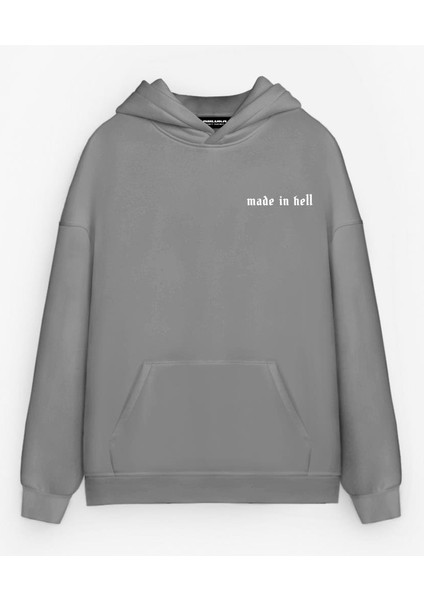 Erkek Oversize Made In Hell Baskılı Premium Kapüşonlu Sweatshirt Gri
