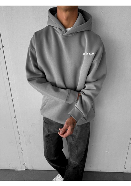 Erkek Oversize Made In Hell Baskılı Premium Kapüşonlu Sweatshirt Gri